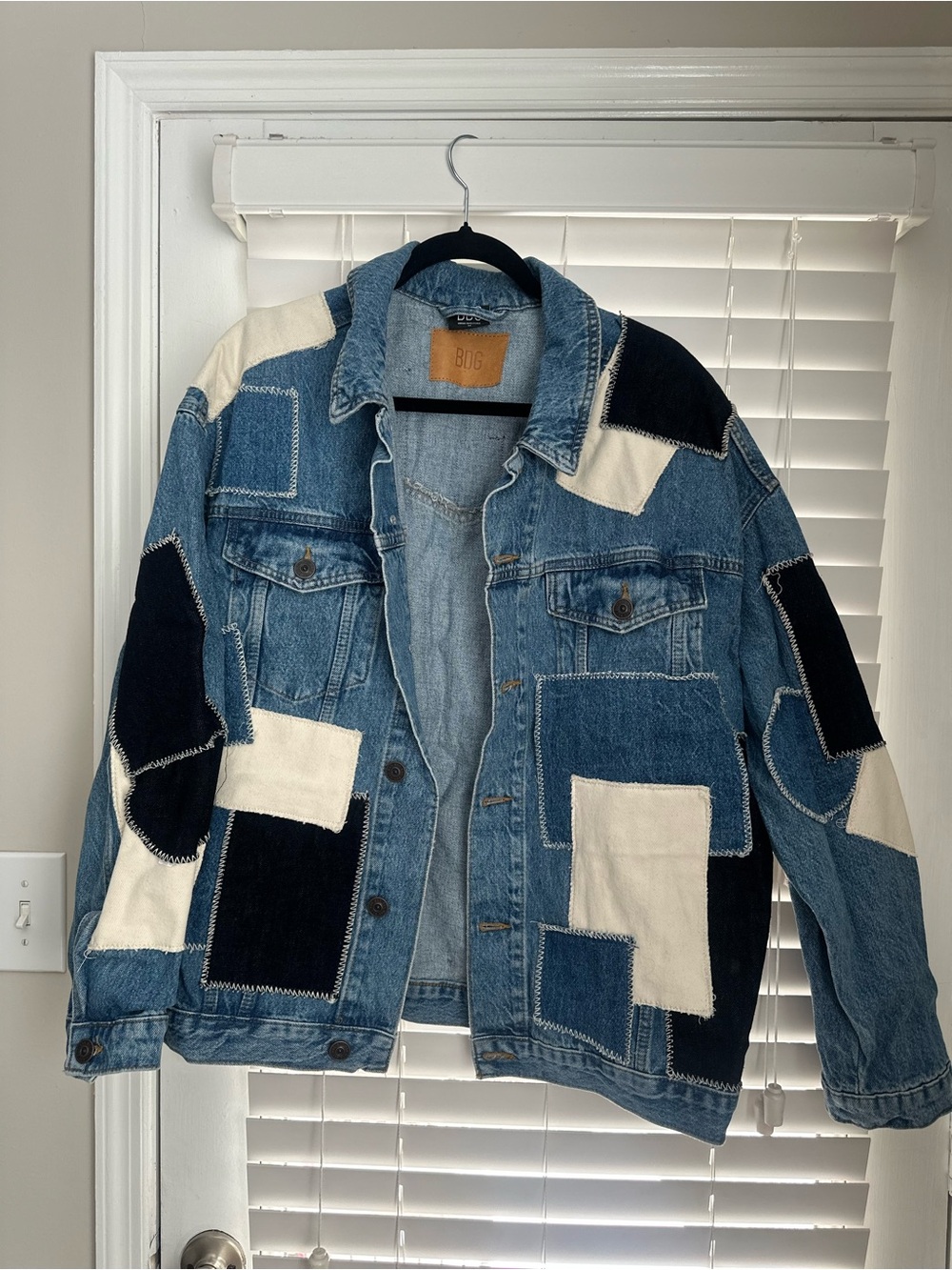 BDG Patchwork Denim Jacket in Blue with Black & Cream Patches